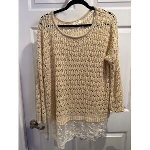 Umgee Cream Open Knit Lace Hem Sweater Boho Crochet Pullover Tan Medium